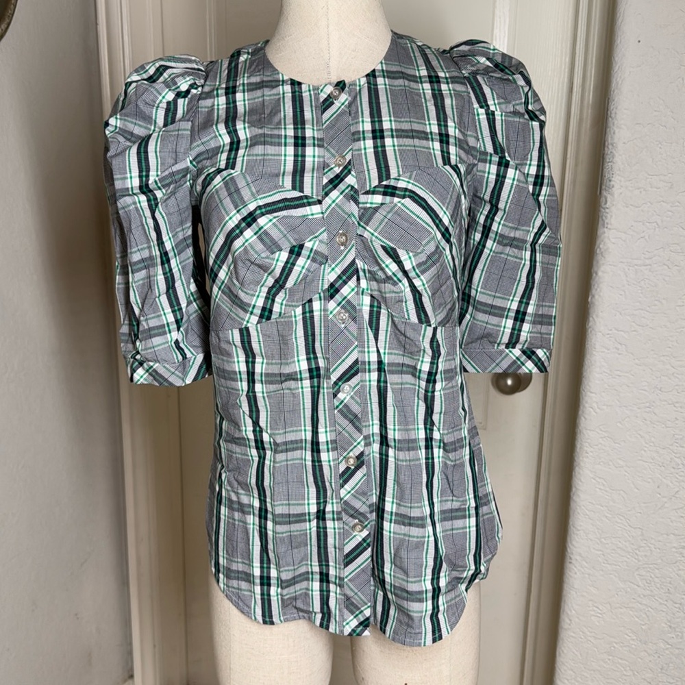 Veronica Beard plaid puff sleeve blouse XS